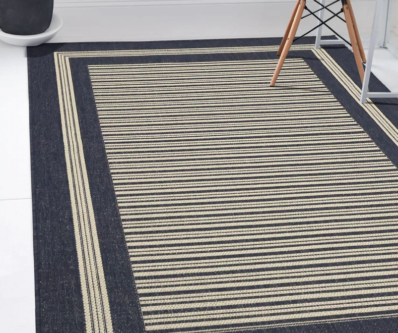 Modern geometric living area interior room rug design. GEL BACKED BORDER NAVY - Image 1